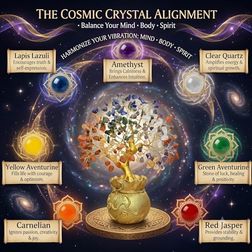 Image of 7 Chakra Crystal Tree with Golden Money Bag Base | Natural Gemstone Money Tree for Wealth Prosperity & Positive Energy | Feng Shui Vastu Tree for Home Office Decor & Good Luck Gift