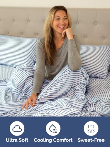 Image of Extra Deep Queen Fitted Sheet - Single Fitted Sheet Only - Blue Stripes | Easily Fits 18 inch to 24 inch Mattress, Soft, Wrinkle Free, Breathable & Comfy, Extra Deep Pockets Hotel Luxury Fitted Sheet