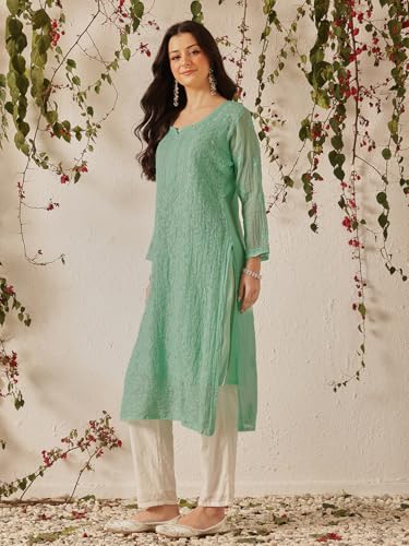 Image of Ada Hand Embroidered Lucknowi Chikankari Kota Kurta for Women A411211