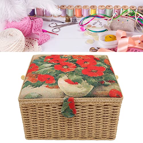 Sewing Basket, Extra Large Capacity Sewing Kit Storage Box Dual Layer Vintage Spools Handmade Sewing Basket with Removable Tray for Needles, Thread, Tape Measure, Thimbles