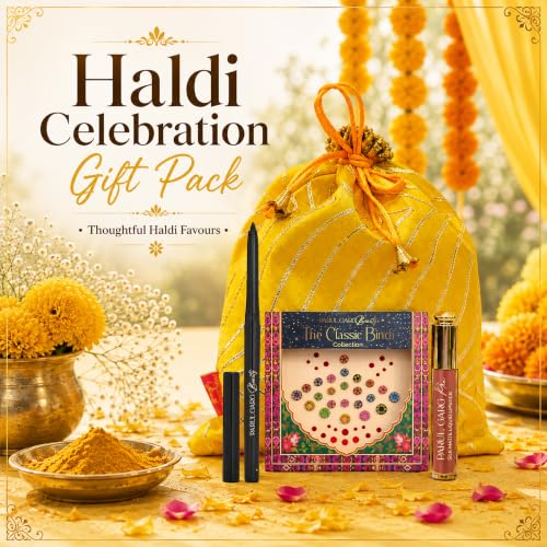 Image of Parul Garg Beauty Haldi Celebration Gift Pack | Festive Makeup Gift Set with Fire Lily Silk Matte Liquid Lipstick, Kajal, Utsav Bindi Patta with Basanti Yellow Potli for Women