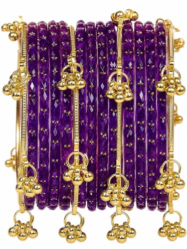 Image of JPS 16 Pcs Trendy Stylish Glass & Kashmiri Ghungroo Bangles Set for Women & Girls | Gold-Plated Traditional Festive Wedding Party Jewellery Chudi Set (12 Glass + 4 Metal)