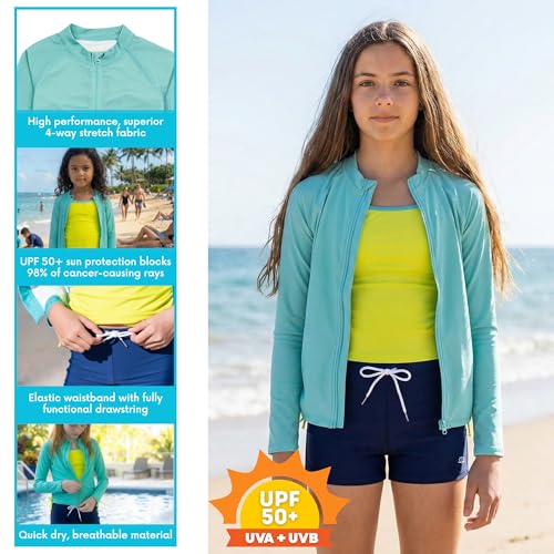 Image of SwimZip Girls' 3 Pc Swim Set w /Long Sleeve Rash Guard, Tankini & Shorts UPF 50+