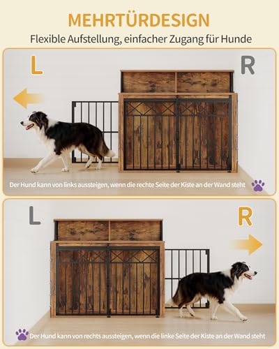 Hzuaneri Hundekäfig Möbel mit Lagerregal, Dreitürige Hundebox für Zuhause, Indoor Kennel mit Scheunentür, Beistelltisch, Geeignet für Mittlere/Große Hunde, 100 x 60 x 86 cm, Vintage Braun DFC87401B