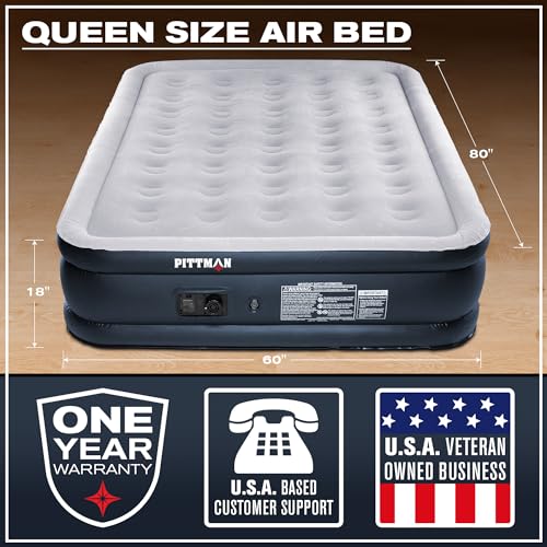 Image of Pittman Outdoors Queen Air Mattress - 18 inch Black Double High, Queen Air Mattress with Built in Pump, 600lb Capacity, Portable Inflatable Bed with Carry Bag, Blow Up Mattress for Guests, Home & Travel