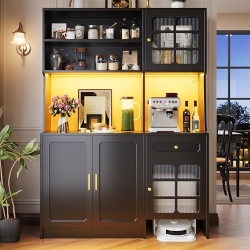 Dolamaní ní Armadio da cucina a buffet, 120 x 40 x 180 cm, con piano di lavoro e illuminazione a LED, più spazio per cucina, soggiorno, sala da pranzo (nero A)