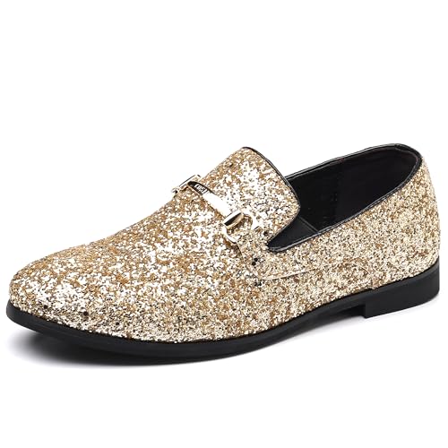 COSIDRAM Mens Glitter Loafers Shiny Metallic Sequins Fashion Comfort Elastic Bands Slip On Wedding Party Prom Dress Shoes Gold 8.5