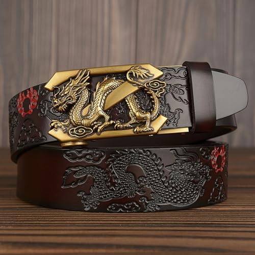 Men's Genuine Leather Ratchet Belt with Dragon Engraved Gold Automatic Buckle - 1 3/8" Trim to Fit3