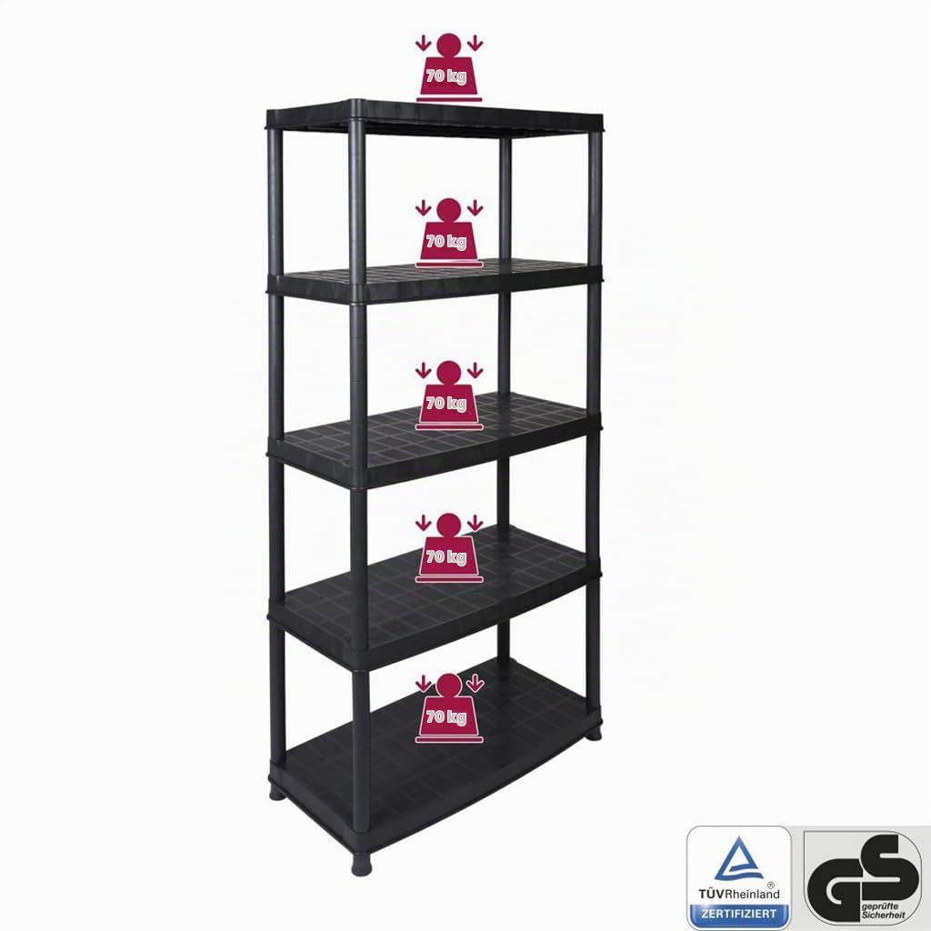 Kreher 4 Stück XXL Kunststoffregal, Schwerlastregal, Kellerregal 5 Böden, Schwarz, max. 350 kg Traglast pro Regal. TÜV Rheinland