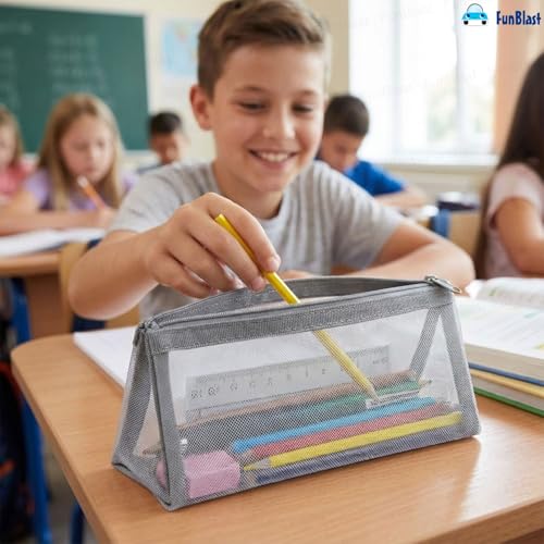 Image of FunBlast Mesh Pencil Case with Smooth Zipper, Single Layer Multi-Purpose Stationary & Pen Pouch for Boys & Girls, Transparent Stationary Bag, Organizer Pouch for Student (Grey-C)