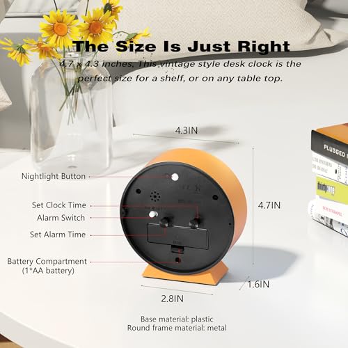 Image of AYRELY 4.5 inch Analog Alarm Clock,Small Retro Desk Clock Battery Operated,Silent Metal Table Clock with Light for Living Room Decor,Bedroom,Bedside,Shelf (Orange-Yellow)