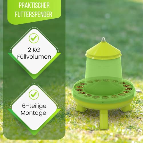 Futterautomat mit Füßen mit 2, 4, 8, 12 und 16 kg grün I Hühner, Geflügel Futterspender I Automatischer Spender für Hühnerfutter I Futterstation aufhängbar I Wasserdichter Automat (2 kg)