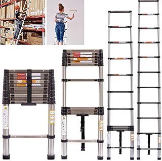 3.2m/10.5FT Telescoping Ladder Multi-Purpose Folding Stainless Steel Telescoping Ladder, Collapsible Loft Ladders, Retraction Extension Straight Ladder for Home, 330Lbs Capacity, EN131
