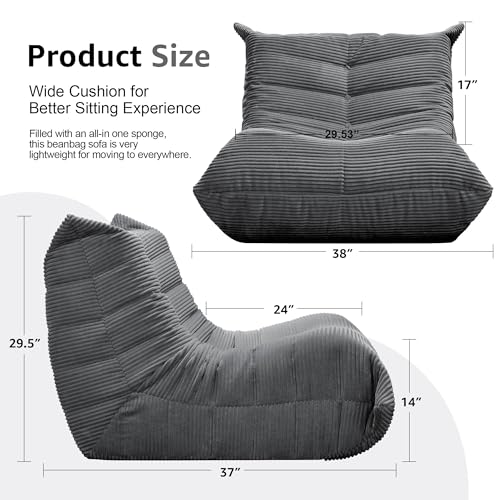 Image of Hobestluk Adults Bean Bag Chair Faux Fur BeanBag Couch for Living Room | Grey Corduroy,Ergonomic Design,Memory Foam,UltraSoft,Anti-slip Bottom,No Assembly Required,Decorative Style for Living Room