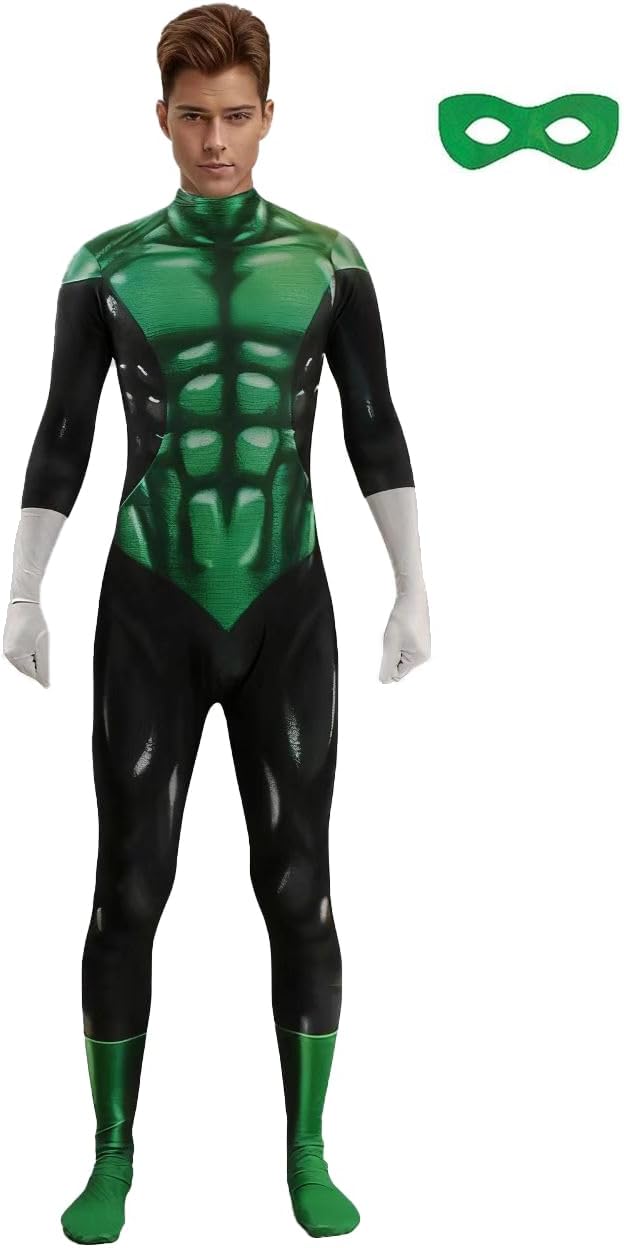 Green Superhero Bodysuit Muscle Onesie Halloween Cosplay One-Piece Jumpsuit Cool Hero Outfit
