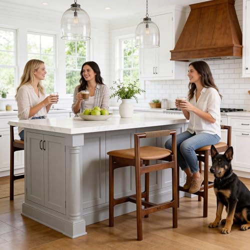 Image of Zesthouse Wood Bar Stools Counter Height Set of 2, 26 inch Mid Century Modern Kitchen Island Chairs with Woven Paper Cord Accent Backs & Solid Wooden Legs, Boho Counter Stools, Brown Leather+Walnut Finish