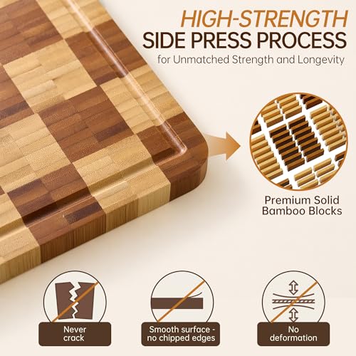 Image of Bamboo Cutting Boards for Kitchen, End Grain Wood Cutting Board with Juice Grooves & Handles, Charcuterie Checkered Chopping Board Thick Butcher Block Serving Tray with Gift Box, 16.5 inchx11.6 inchx 1 inch