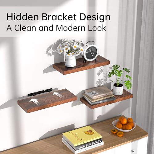 Image of BAYKA Floating Shelves for Wall, Wall Mounted Rustic Wood Shelves for Bathroom, Bedroom, Living Room, Kitchen,Small Hanging Shelf for Books /Storage /Room Decor (Walnut-Like, Set of 3, 15.7in)