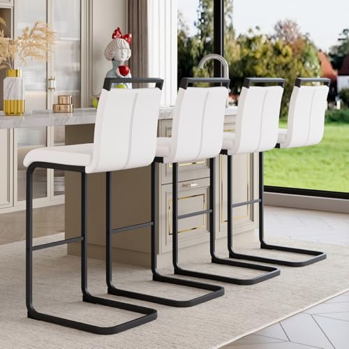 Butacos de altura para barra, juego de 4 unidades, color blanco y negro, estructura metálica con acabado negro, asiento metálico, con respaldo y reposabrazos miniatura 1