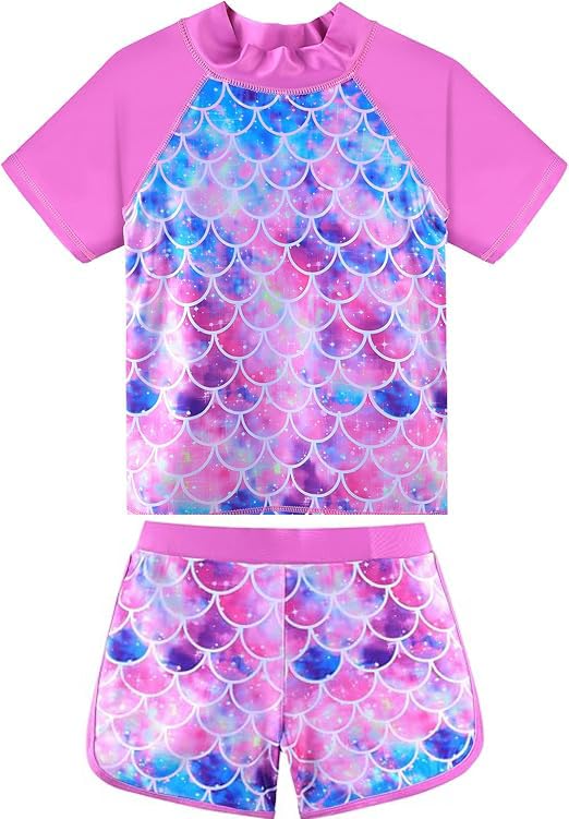 Image of BAOHULU Girls Rash Guard Swimsuit Two Piece Bathing Suit UPF 50+ Short Sleeve Summer Beach Swimwear Size 3-14 Years