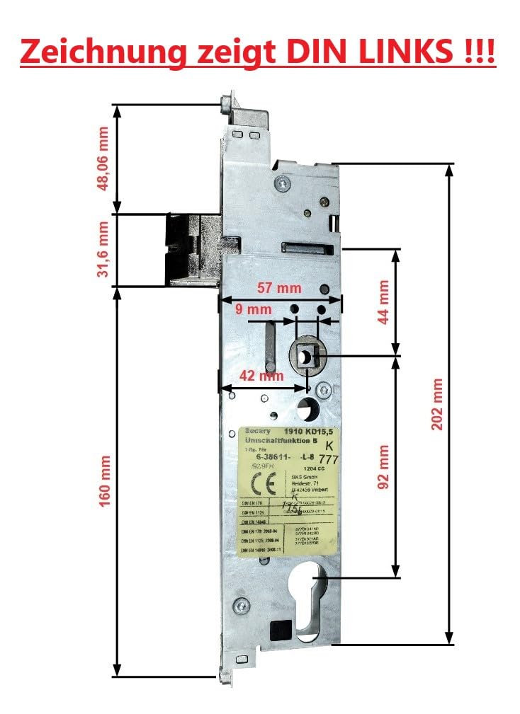 BKS Secury Automatic Reparatur Schlosskasten Hauptschloss 6-34326-45-0-1 oder 6-38611-14 mit Panikfunktion B, Dornmaß: 45mm (42mm) / Entfernung: 92mm (DIN RECHTS)