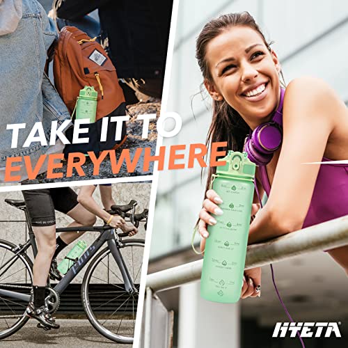 Image of Hyeta Plastic Water Bottle With Straw & Time Marker, 32oz Leakproof Jug | Motivational Tritan BPA Free Gym Office Outdoor Intake Tracker Hourly Reminder Straw Lid Lightweight