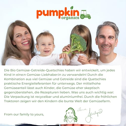 Pumpkin Organics Bio Gemüse-Getreide-Quetschies 8er Pack Kürbis, Birne, Apfel, Pflaume, Hafer ohne Zuckerzusatz¹ - ab 8 Monaten - als Snack oder Beikost für unterwegs (8x100g)