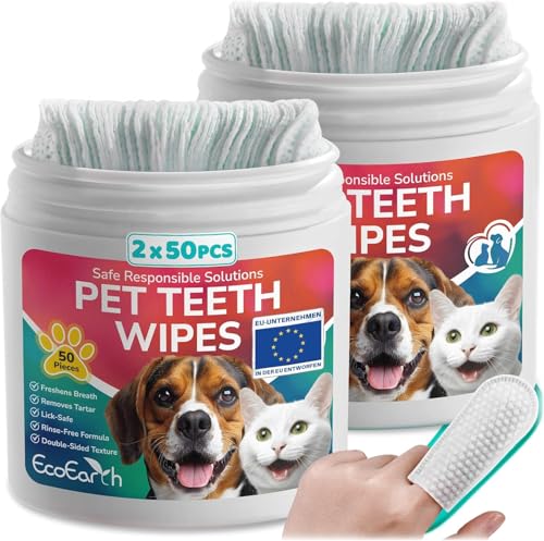 EcoEarth Toallitas limpiadoras de Dientes de Primera Calidad para Perros y Gatos - 100 Piezas - Almohadillas para los Dedos para el Cuidado Dental de Mascotas para un Aliento Fresco e higiene bucal