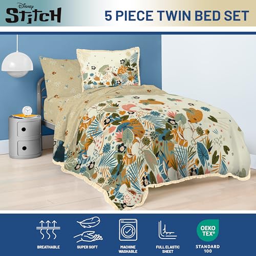 Image of Disney Lilo and Stitch Twin Comforter Set 5 Piece Floral Bedding, Multi | Bed in a Bag, Comforter Sheets Sham Pillowcase, Official Product, Soft Microfiber, Machine Washable, Easy Care, Girls Gift