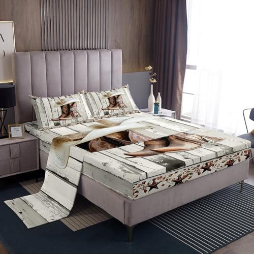 Erosebridal Western Texas Star Top Fitted Sheet Full Size, Rustic Horseshoe Bed Sheets Country Wooden Door Sheet Set for Kids Teens Adult Men Bedroom, Retro Cowboy Farmhouse Bedding Set
