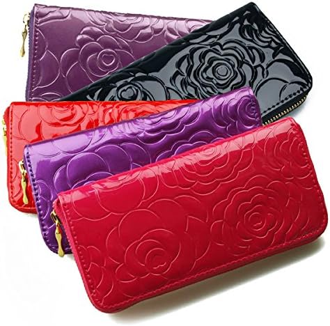 Amazon ラウンドファスナー 長財布 ローズ 花柄 型押し エナメル調 レディース 女性 薔薇の型押しと鮮やかな色が目を引くロングウォレット ピンク 財布