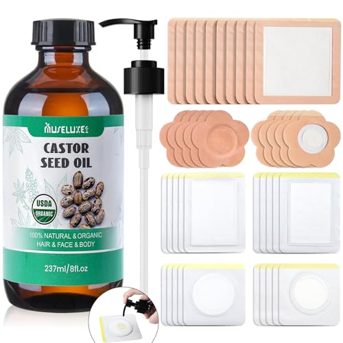 40 Pcs Castor Oil Patches with Castor Oil Organic Cold Pressed Unrefined Glass Bottle(8oz),Cotton Caster Oil Pack Wrap for Waist Back Neck Arm Belly,Self-Adhesive for Convenient Use