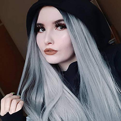 Silver Wig for Women 26" Ombre Synthetic Straight Wig Dark Roots Middle Part Long Daily Wear Halloween Party Wig Cosplay Custome