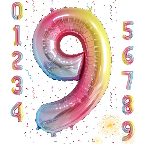 Image of 40 Inch Rainbow Gradient 9 Balloon for 9th Birthday Decorations