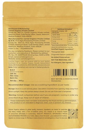 Image of CARMEL ORGANICS Fenugreek Seed /Methi Seeds (Whole, 800 Grams) For Your Hair Growth & Health Care,Trigonella Foenum-Graecum,Jaivik Bharat Certified,Menthya,Venthayam,Menthulu,No Added Preservatives
