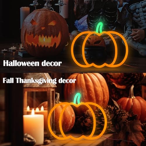 Image of Halloween Decorations Pumpkin Neon Sign, 7.3*9in Dimmable Neon Sign Hanging for Wall, Indoor Cute Vintage Fall Thanksgiving Decor for Table Home Kitchen Bedroom Living Room Bar Pub Club Party, Indoor Battery Operated or USB