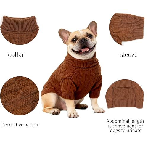 Image of Small /Medium Dog Sweater, Warm Dog Winter Coat w /Sleeves, Comfortable High Neck Premium Dog Clothes for Bulldog-Best for Holidays, Daily Walks L Brown