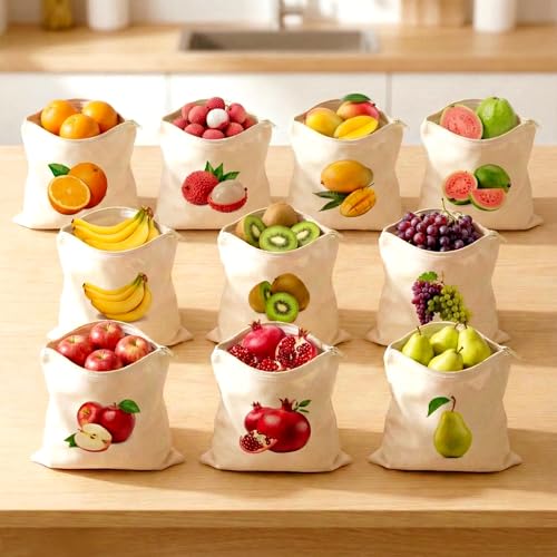 Image of 100% Cotton Reusable Fruit Vegetable Bags for Fridge | Eco-friendly Storage Bags for Kitchen Organizer | 10 Pcs | Washable Breathable Zipper Cloth Bags for Fruits Vegetables | Fruit Vegetable Bag