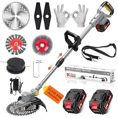 Cordless Strimmer for Makita 18V Battery 750W Brushless Grass Trimmer with 2 x 4.0Ah Batteries & Fast Charger 4-in-1 Blade Set for Grass Weeds Garden Strimmer (Gray)