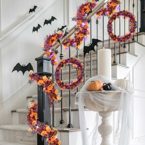 Image of 33 FT Halloween Tinsel Garland Decorations,Orange Purple Black Halloween Garland with Pumpkins, Bat, Spider Shiny Metallic Garlands for Indoor Outdoor Decorations