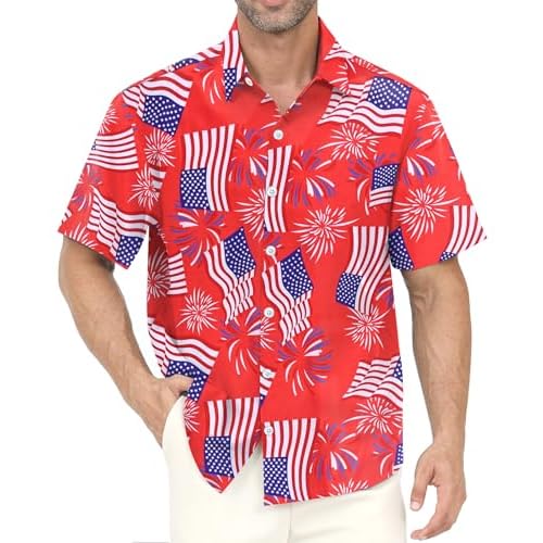 Hawaiian Shirt for Men with Pocket - Button Down Wrinkle-Resistant for Beach, Pool Parties (S-4XL) Small Usa Flag-red
