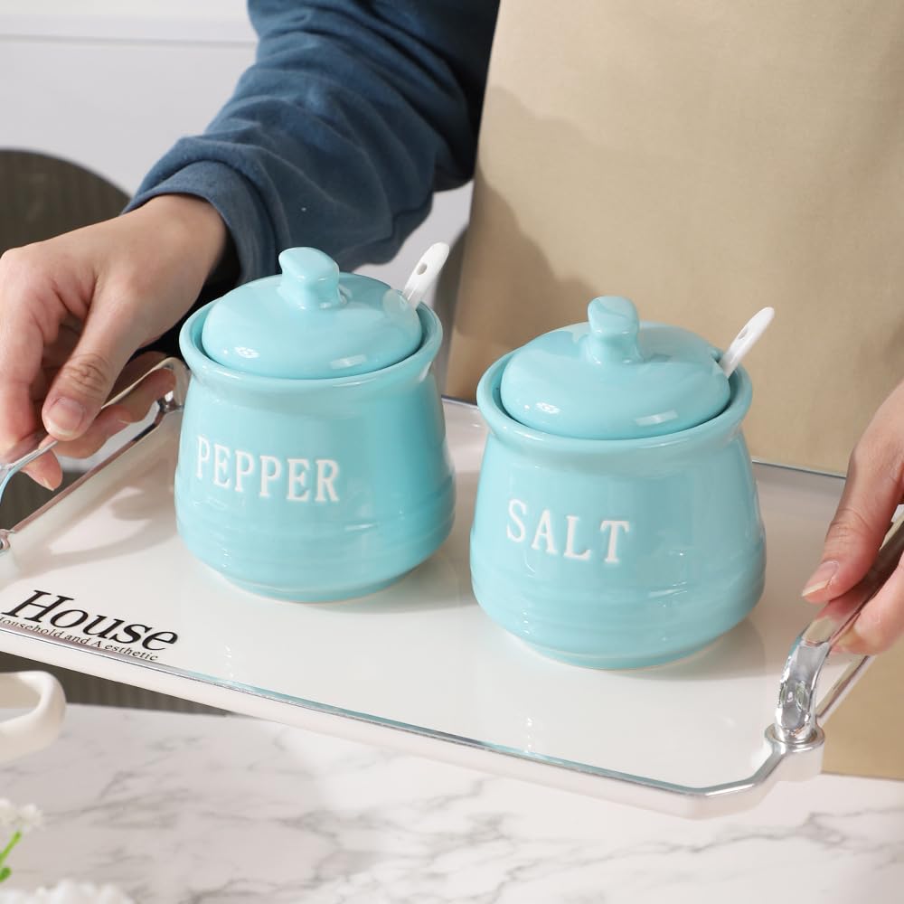 Sizikato 2 Pcs Blue Porcelain Condiment Pot with Lid and Spoon, 10 Oz