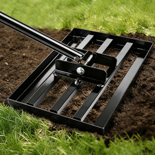 Lawn Levelling Rake Stainless Steel Lawn Leveller with Adjustable Handle Heavy Duty Lawn Lute for Grass Soil & Sand Garden Ground Levelling Tool (43×25cm)