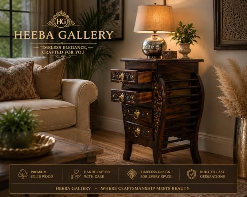 Image of Wooden Stool-Natural Wood Antique Look Side Table with Two Drawer for Living Room (Brown, 14 x 14 x 21 inch) || AS(4D) (Four Drawer Antique Table)
