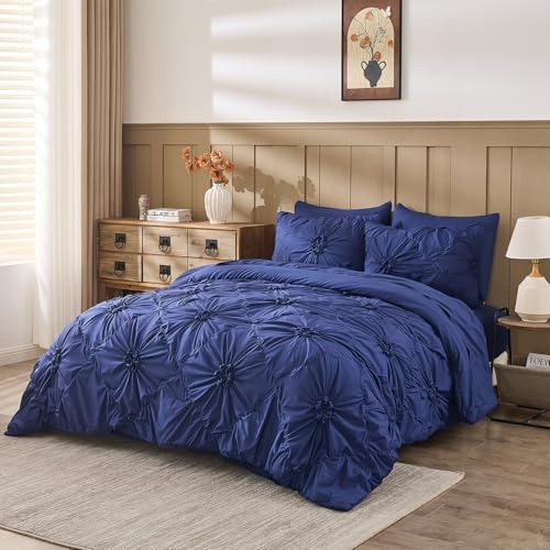 Image of Dark Blue Comforter Set Queen Size Bed in A Bag 7 Piece Pinch Pleat Bedding Set, Pintuck Ruched Flowers Bed Set with Comforter, Sheets, Pillowcases & Shams