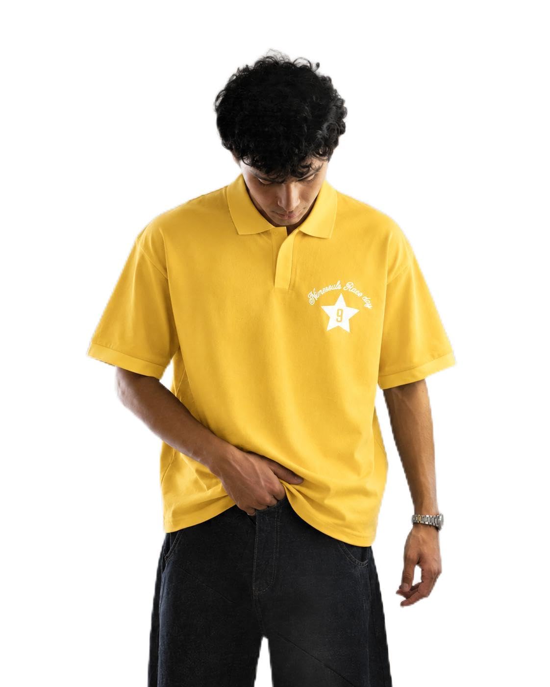 nine souls Men's Heritage Game Printed Polo T-Shirt | Premium Cotton Oversized Fit Collared Half Sleeve Graphic Polo Tee | Yellow-picture-13