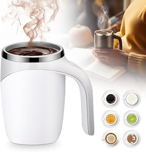 Gahwa Automatic Magnetic Stirring Coffee Mug, Stainless Steel Self Stirring Mug, Portable Rechargeable Mug for Home, Office, School, Travel (White)
