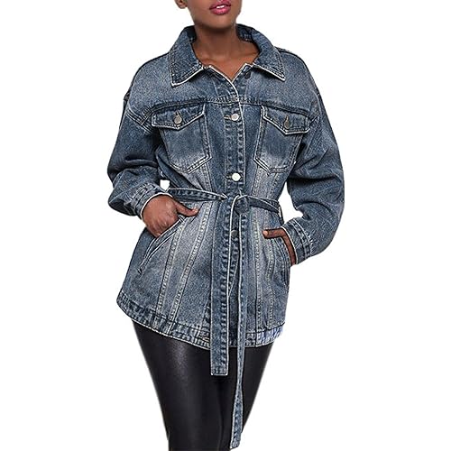 Women's Mid Length Casual Slim Fit Turn Down Denim Jacket With Waist Belt Long Jean