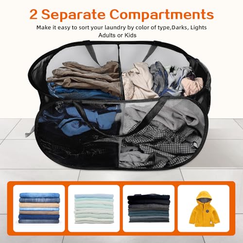 Image of Foldable Laundry Baskets, Collapsible Mesh Laundry Hamper, Durable Pop Up Laundry Basket, 2 Compartments Clothes Hampers for Laundry, Easy to Carry & Sort for Dorm, Home, Kids Room, Travel Black
