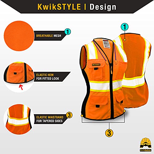 Kwiksafety - Charlotte, Nc - First Lady Safety Vest For Women [Snug-Fit] 9 Pockets, Class 2 Custom High Visibility Reflective Ansi Osha Fitted Construction Work Ppe/Orange Medium #TOP3